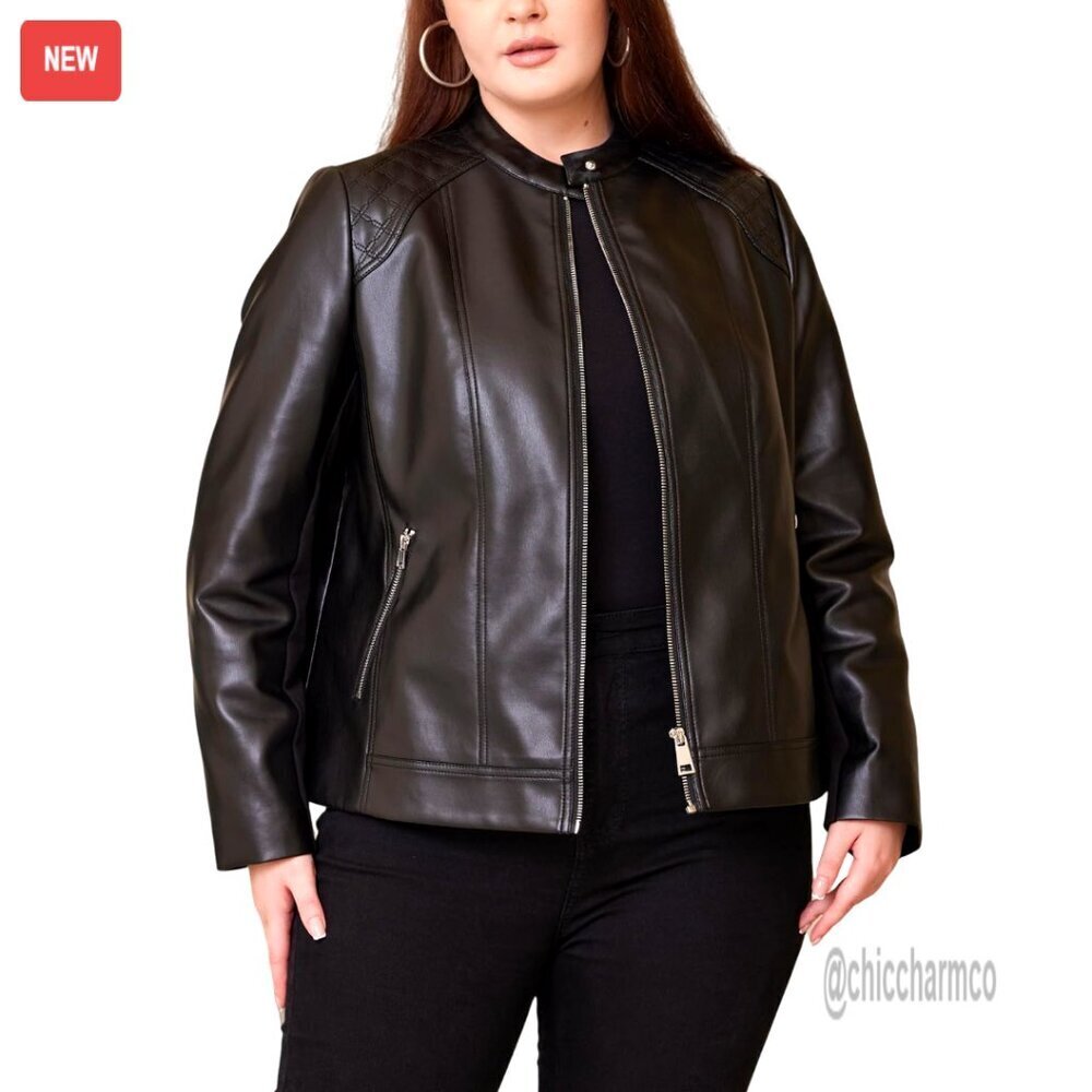 Plus Size Faux Leather Motorcycle Jacket with Quilted Shoulders